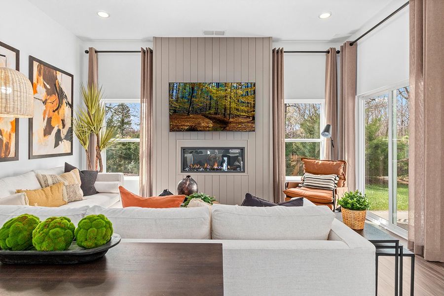 A living room with a large window.