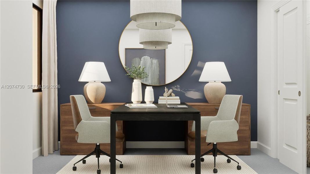 Either of the two secondary bedrooms can be transformed into a custom office for remote work, as it’s furnished here. Either of the two secondary bedrooms can be transformed into a custom office for remote work, as it’s furnished here.