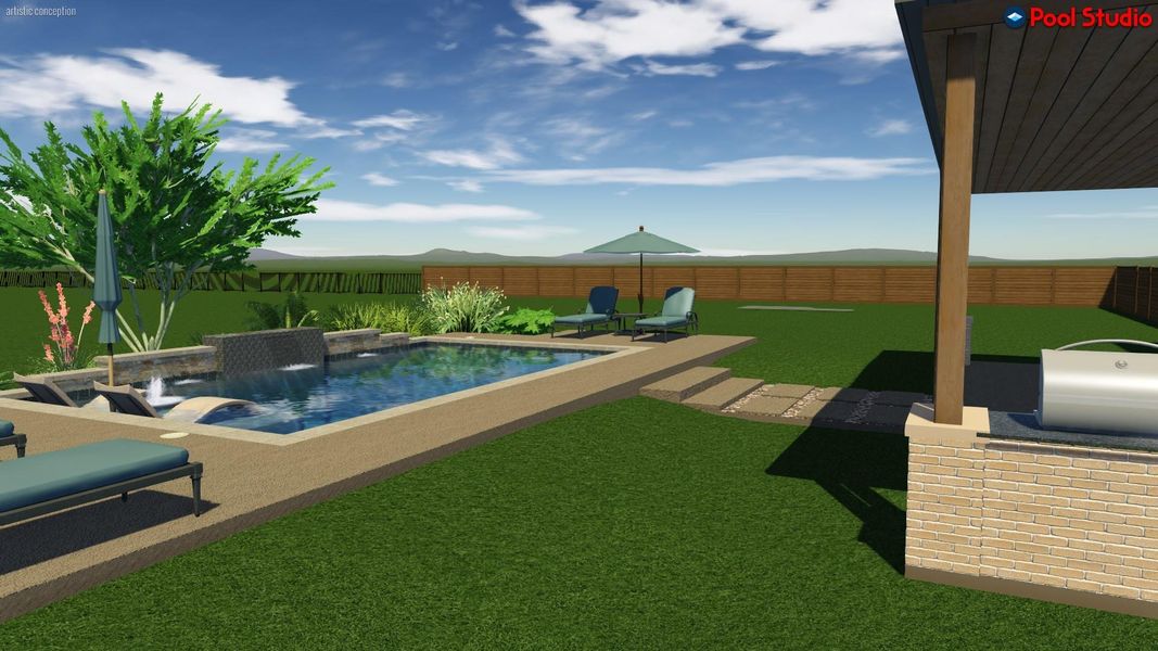 Rendering; View of pool featuring a fenced backyard, a patio area, and a mountain view Rendering; View of pool featuring a fenced backyard, a patio area, and a mountain view