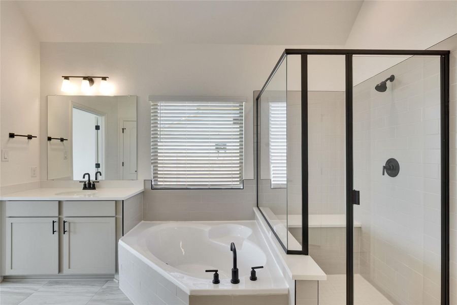 Full bathroom with a shower stall, a bath, and vanity