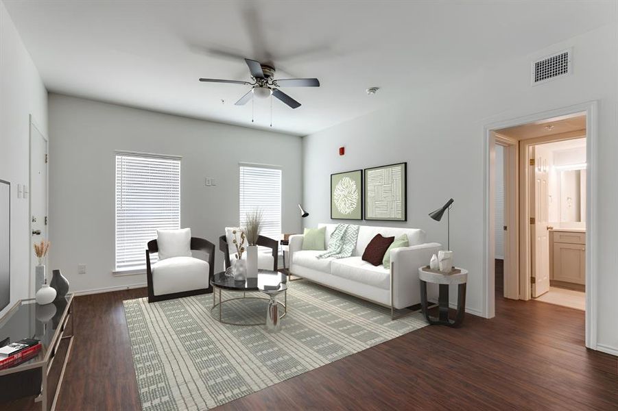 View of living room facing front door