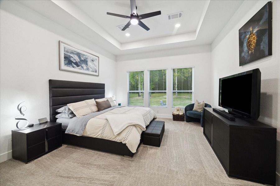 Primary Bedroom is carpeted and has a tray ceiling and ceiling fan Primary Bedroom is carpeted and has a tray ceiling and ceiling fan
