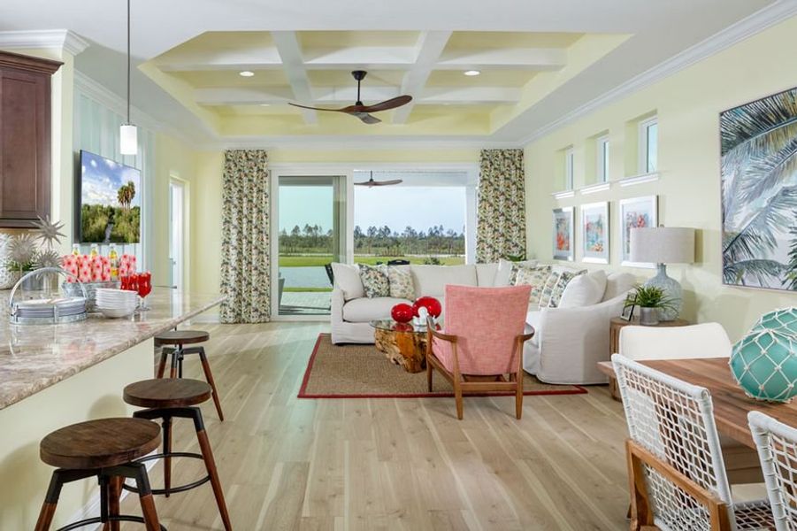 Representative furnished interior of a home built from the Barbuda Bay by Minto Communities in Latitude Margaritaville Watersound, Panama City Beach (Image 6). Representative furnished interior of a home built from the Barbuda Bay by Minto Communities in Latitude Margaritaville Watersound, Panama City Beach (Image 6).