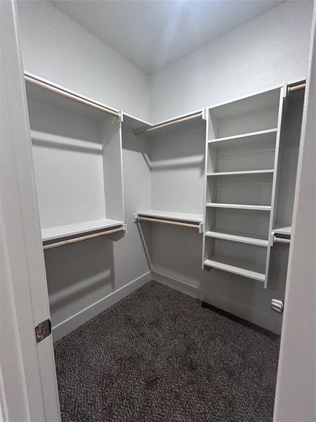 Spacious master closet with carpet Spacious master closet with carpet