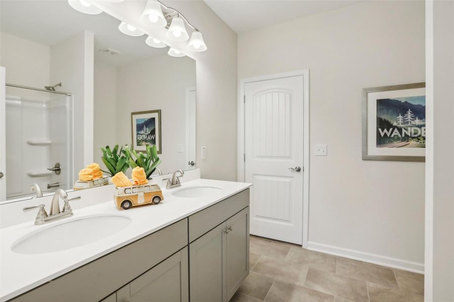 The Avondale- Hall Bath with Dual Vanities. Sample floor plan photo used for illustrative purposes only. Upgrades, selections options, windows and colors may vary.