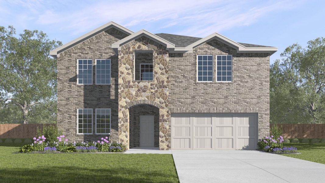 Front exterior of a new home in Fireside by the Lake, Garland, TX, highlighting curb appeal (Image 1). Front exterior of a new home in Fireside by the Lake, Garland, TX, highlighting curb appeal (Image 1).