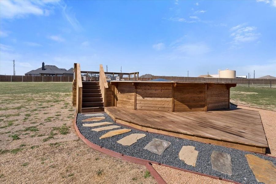 View of yard with fence, stairway, and a wooden deck