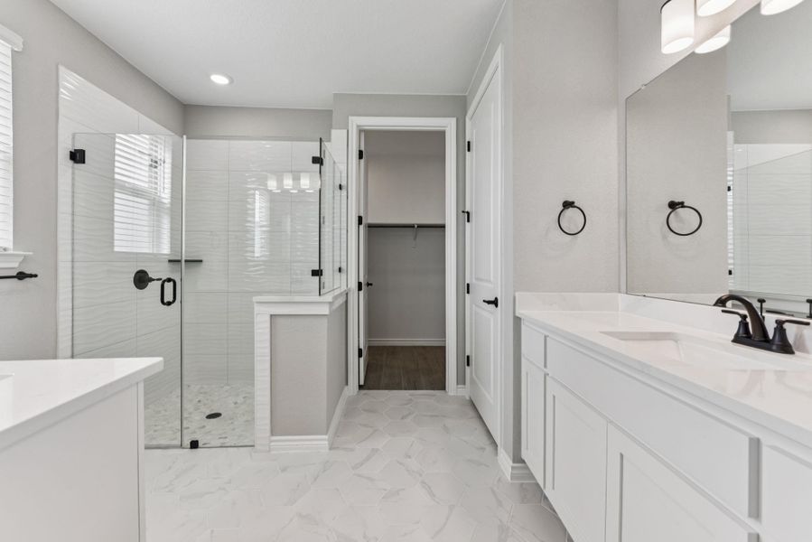 Bathroom with vanity, a shower stall, a spacious closet, and recessed lighting Bathroom with vanity, a shower stall, a spacious closet, and recessed lighting