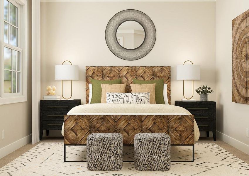 Rendering of a bedroom furnished with a
  large bed in between to dark side tables. This room is also furnished with
  wall dÃ©cor and two poufs at the end of the bed.Â