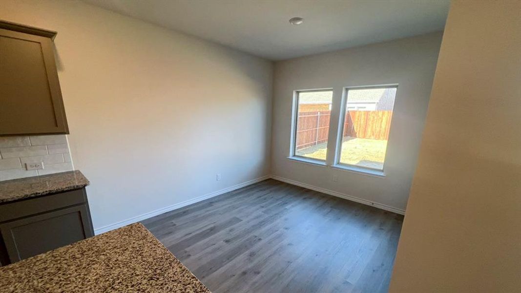 Unfurnished dining area with baseboards and dark wood-type flooring