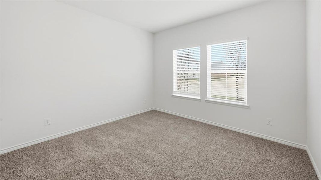 Bright room featuring two windows with white blinds, neutral carpeting, white walls, and white trim