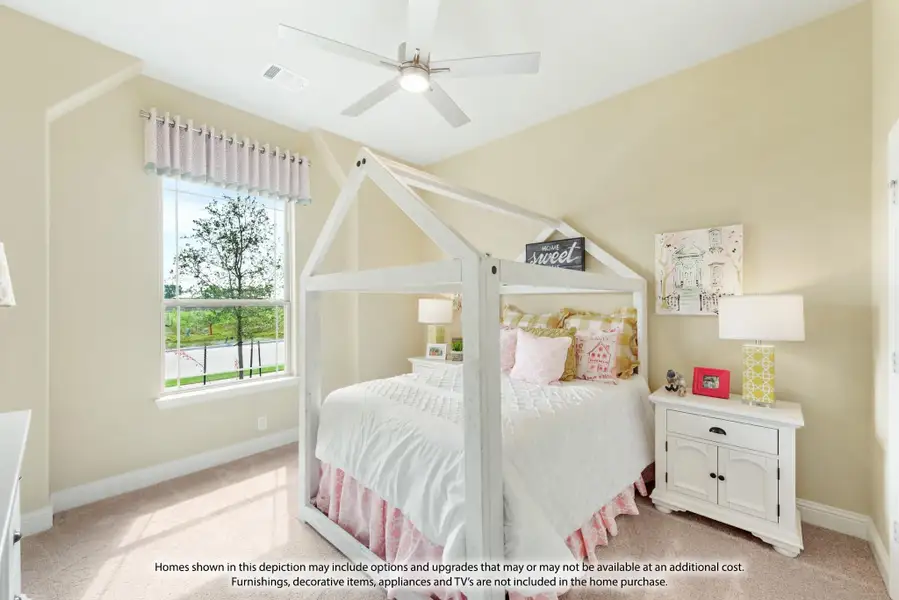 Children's bedroom with white house-frame bed, ceiling fan, and carpet flooring Children's bedroom with white house-frame bed, ceiling fan, and carpet flooring