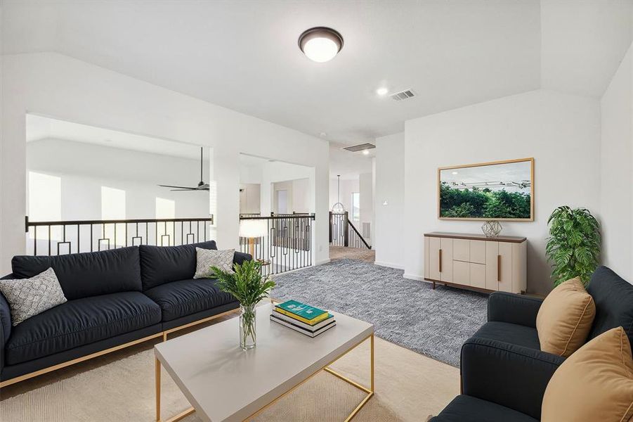 This virtually staged upstairs living area is the perfect space for relaxation or entertaining. With an open layout and plenty of natural light, it offers a comfortable setting for casual gatherings or quiet evenings at home.