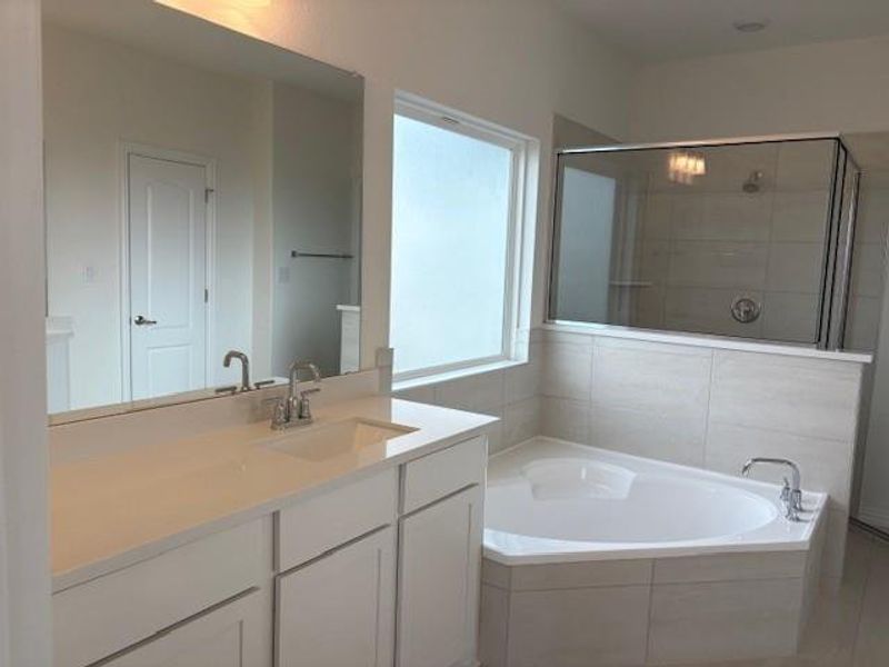 Bathroom featuring a garden tub, vanity, and a stall shower Bathroom featuring a garden tub, vanity, and a stall shower
