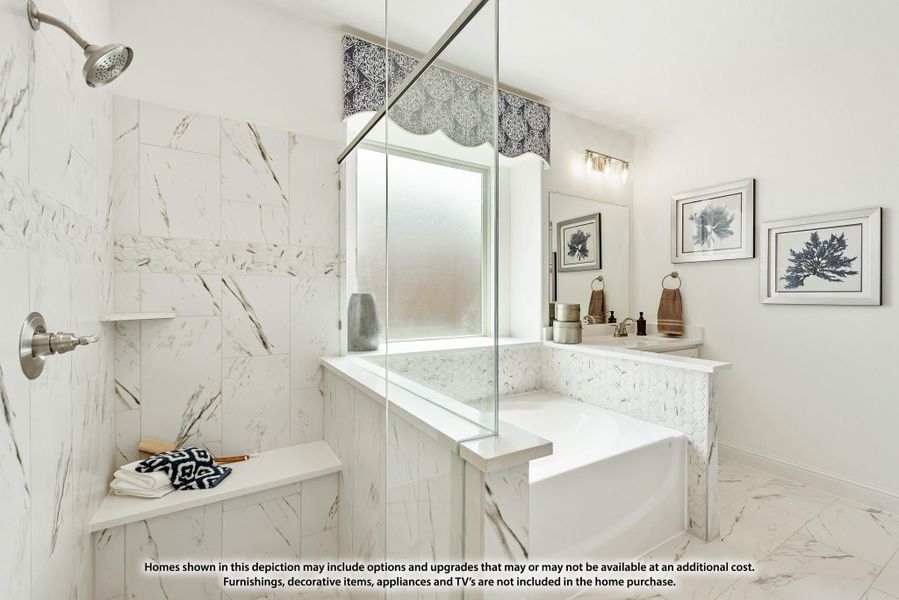 Master bathroom with marble tile walk-in shower, built-in bench, soaking tub, and glass partition wall Master bathroom with marble tile walk-in shower, built-in bench, soaking tub, and glass partition wall