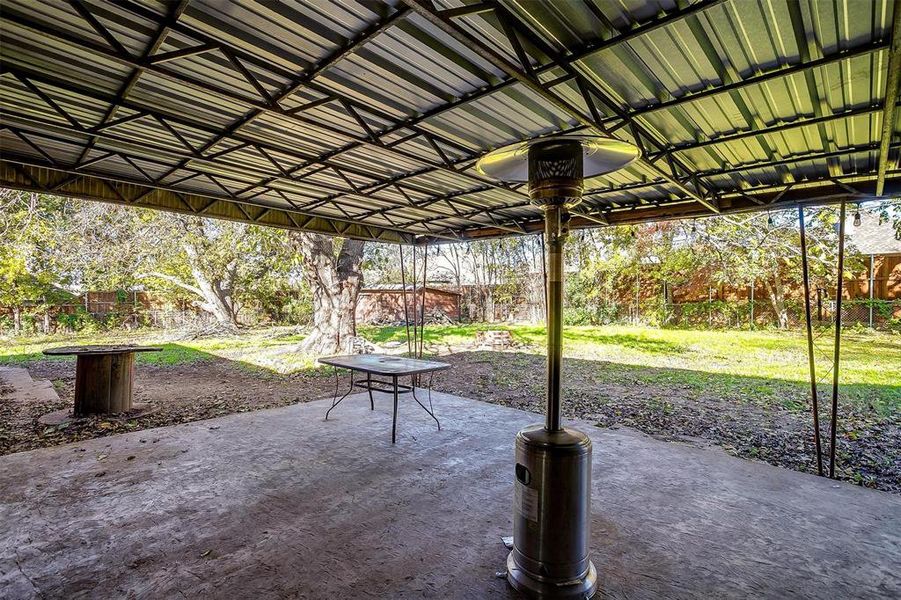 Covered patio in backyard.