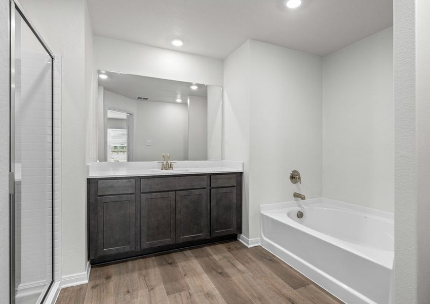 The master bathroom has a sprawling vanity, walk-in shower and a garden tub. The master bathroom has a sprawling vanity, walk-in shower and a garden tub.