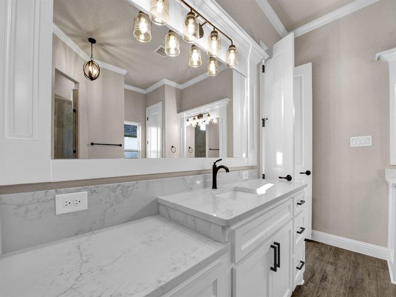 Bathroom featuring vanity, hardwood / wood-style flooring, and crown molding