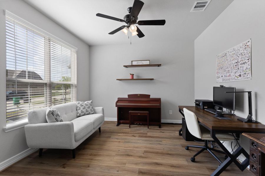 French doors give privacy to the study overlooking the front yard.