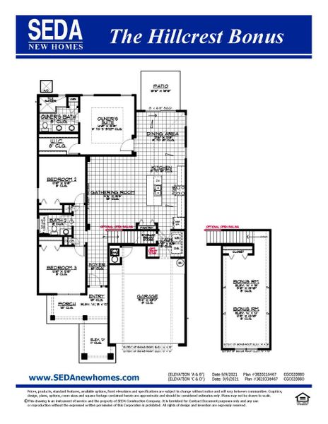 2D floor plan layout for the Hillcrest Bonus by SEDA New Homes in Weston Woods, Jacksonville, FL (Image 3).