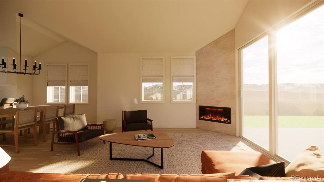 Natural light streams into the living room through glass sliders that lead out to the patio. *This is a 3D rendering.