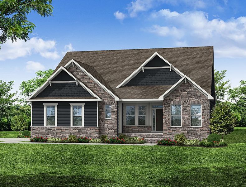 Representative exterior photo of a completed home built from the Edgefield by Eastwood Homes in The Enclave at Hidden Lake - 55+ Community, Youngsville, NC (Image 6). Representative exterior photo of a completed home built from the Edgefield by Eastwood Homes in The Enclave at Hidden Lake - 55+ Community, Youngsville, NC (Image 6).