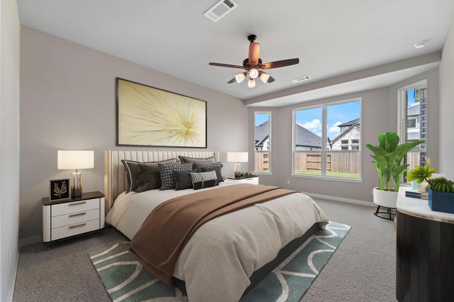 The primary bedroom is generously sized, creating a tranquil and spacious retreat that offers ample room for relaxation. Featuring plush carpet, high ceilings, fresh paint, and large windows that lets in natural lighting throughout the day. The primary bedroom is generously sized, creating a tranquil and spacious retreat that offers ample room for relaxation. Featuring plush carpet, high ceilings, fresh paint, and large windows that lets in natural lighting throughout the day.