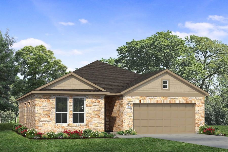 Representative exterior photo of a completed home built from the Oaks 1551 by Brohn Homes in Oaks at San Gabriel, Georgetown, TX (Image 11).