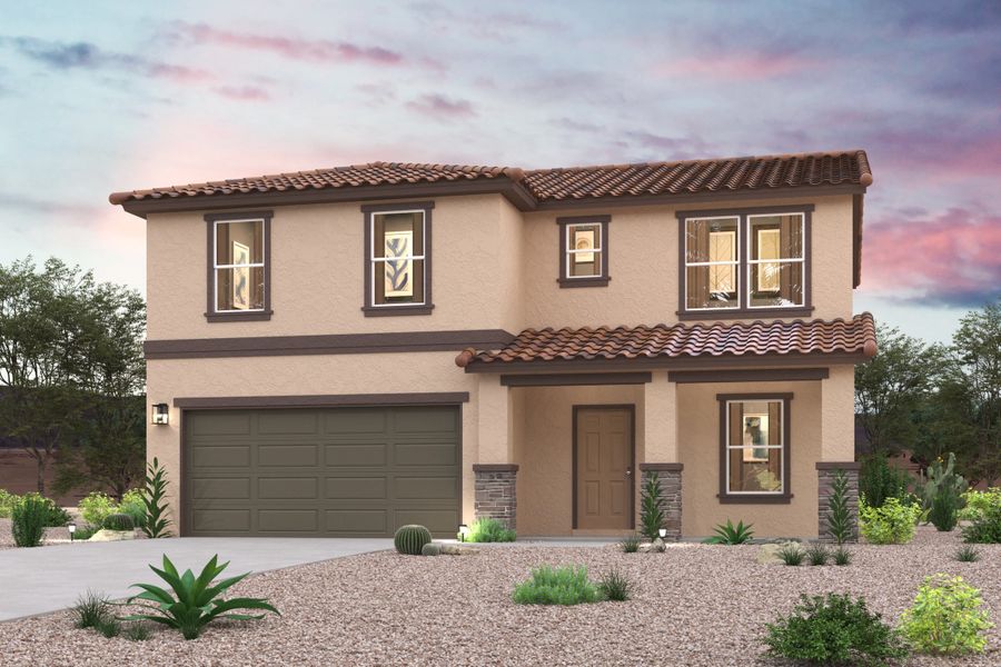 Front exterior of a new home in Entrada del Toro at Rancho Sahuarita, Sahuarita, AZ, highlighting curb appeal (Image 1). Front exterior of a new home in Entrada del Toro at Rancho Sahuarita, Sahuarita, AZ, highlighting curb appeal (Image 1).
