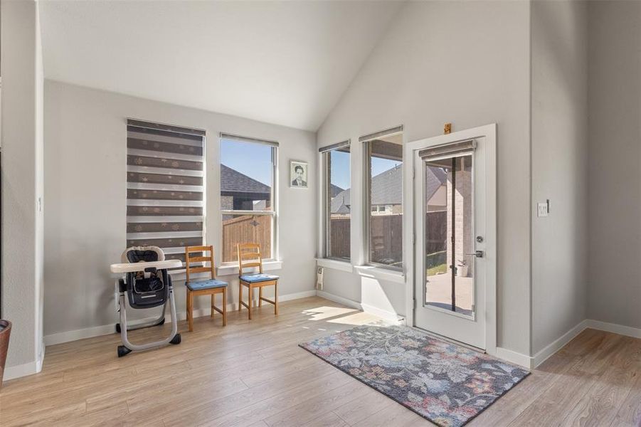 Entryway with high vaulted ceiling and wood finished floors