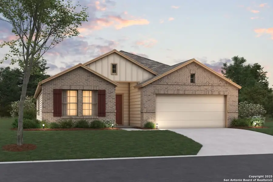 Front exterior of a new home in Chaparral Ranch, Floresville, TX, highlighting curb appeal (Image 1).