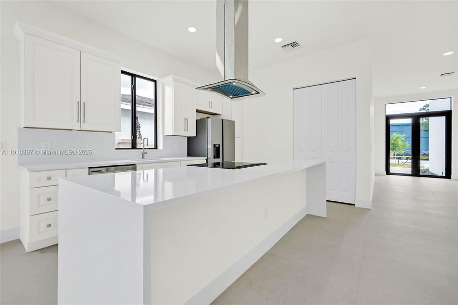 Quartz Countertops with waterfall edges. Quartz Countertops with waterfall edges.