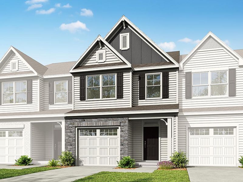 Front exterior of a new home in Running Brook Townes, Durham, NC, highlighting curb appeal (Image 1). Front exterior of a new home in Running Brook Townes, Durham, NC, highlighting curb appeal (Image 1).
