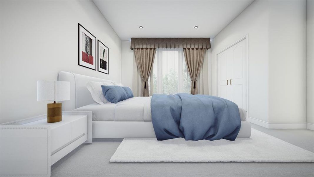 Bedroom featuring light colored carpet, a closet, and recessed lighting