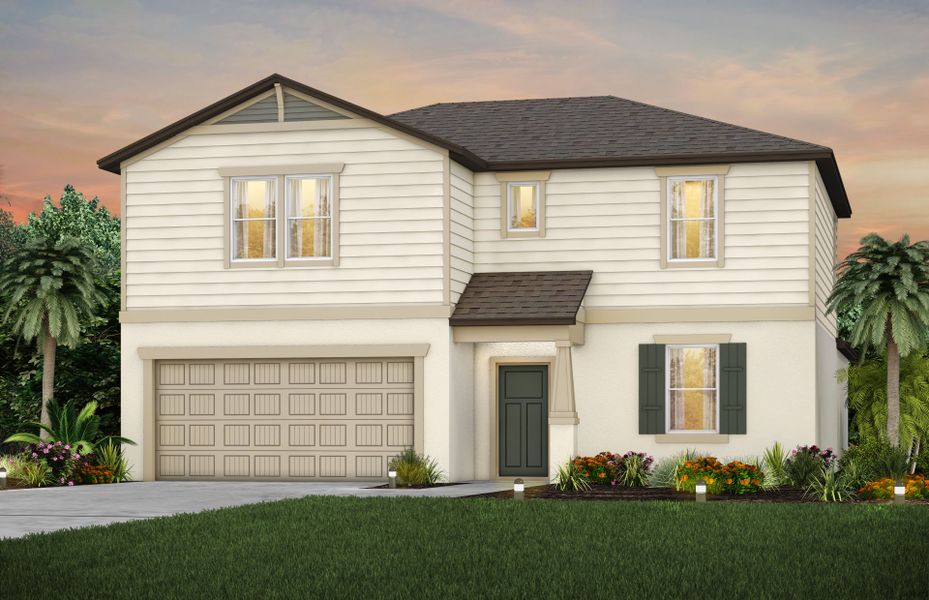 Front exterior of a new home in Oakfield Lakes, Parrish, FL, highlighting curb appeal (Image 1).