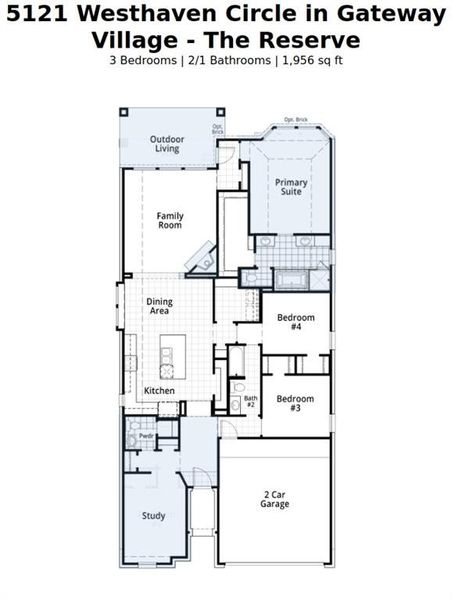 2D floor plan layout of this home in Gateway Village - The Reserve: 45ft. lots, Denison, TX (Image 2).