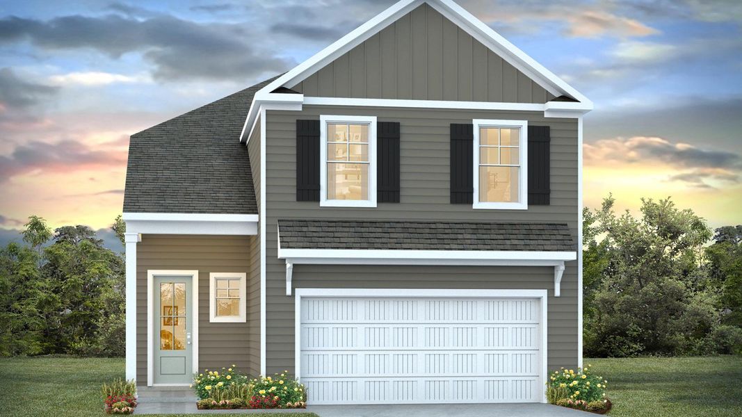 Front exterior of a new home in Indigo Preserve, Leland, NC, highlighting curb appeal (Image 1).