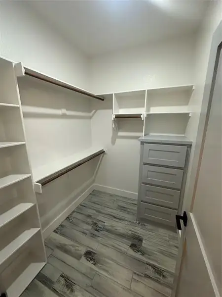 Walk in closet with dark wood-style floors