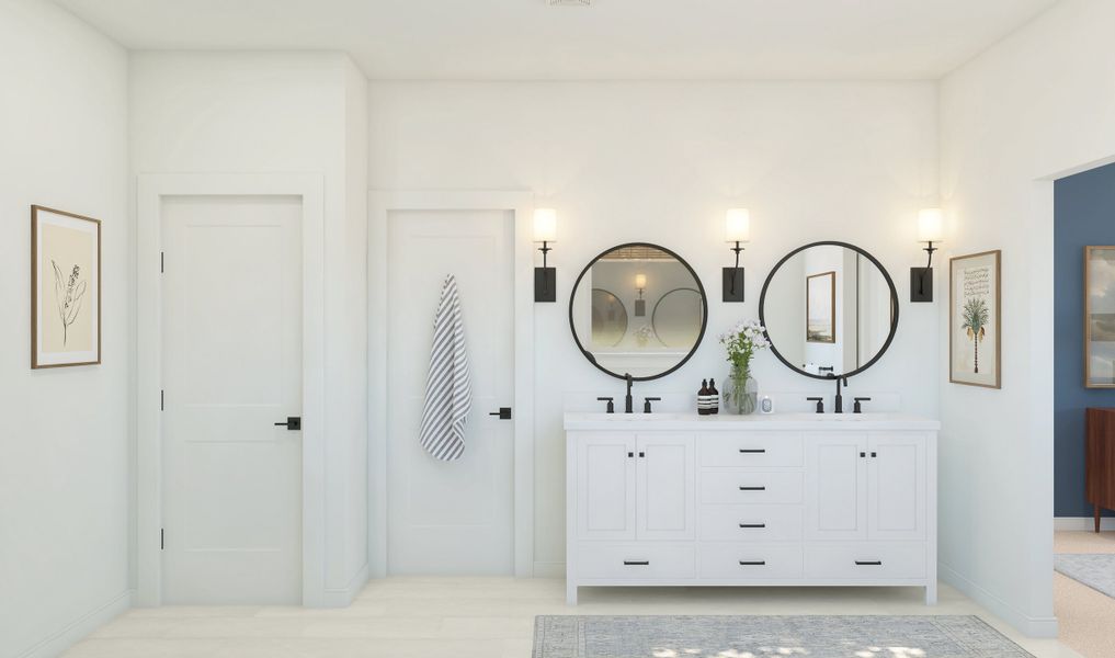 Primary bath with freestanding vanity