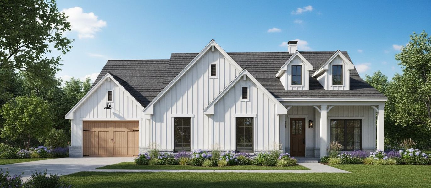 Representative exterior photo of a completed home built from the The McAllen by Kenmark Homes in Paloma Ranches, Justin, TX (Image 2). Representative exterior photo of a completed home built from the The McAllen by Kenmark Homes in Paloma Ranches, Justin, TX (Image 2).