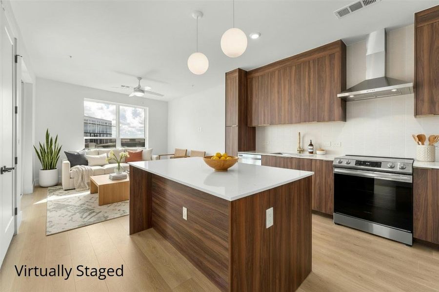 Kitchen and living room virtually staged