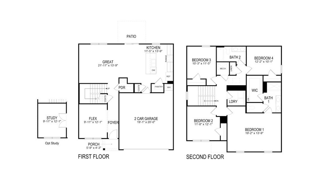 2D floor plan layout for the Belhaven by D.R. Horton in Battle Ridge, Jefferson City, TN (Image 2).