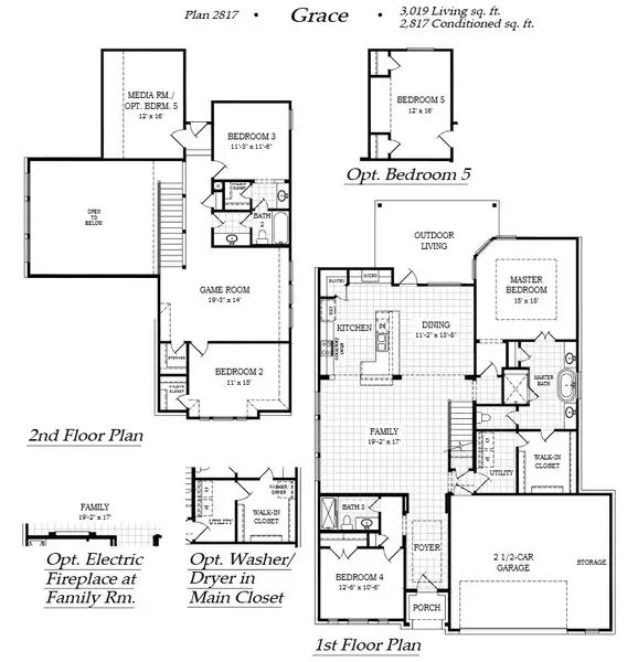 2D floor plan layout for the Grace by Chesmar Homes in Parkside on the River, Georgetown, TX (Image 3).