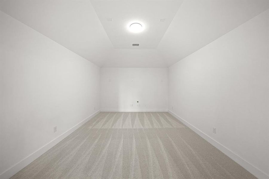 Bonus room with light carpet and baseboards