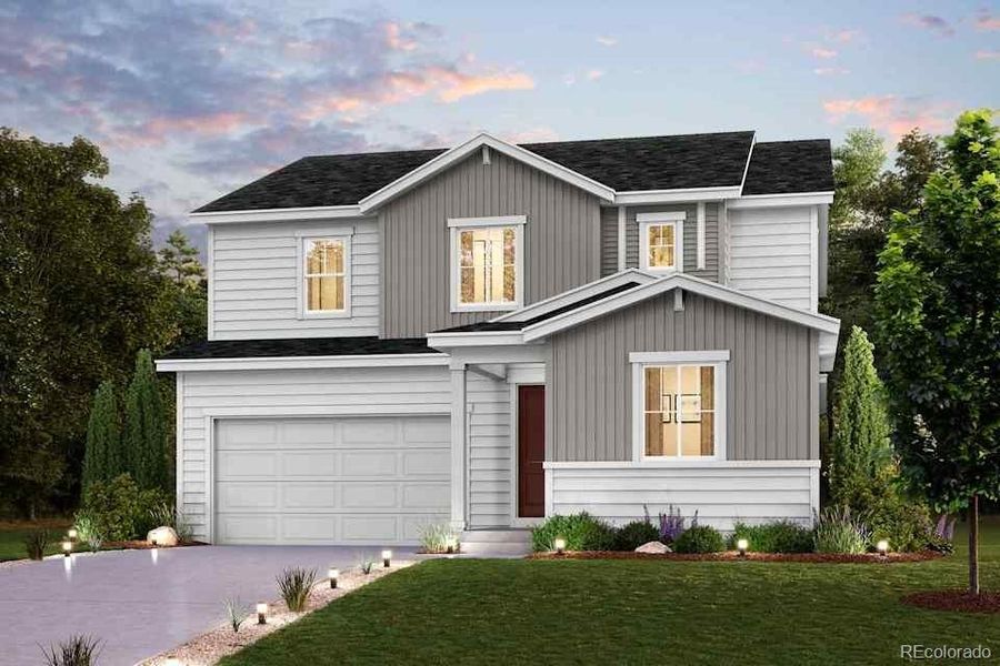 Front exterior of a new home in Floret Collection at Alder Creek, Parker, CO, highlighting curb appeal (Image 1). Front exterior of a new home in Floret Collection at Alder Creek, Parker, CO, highlighting curb appeal (Image 1).