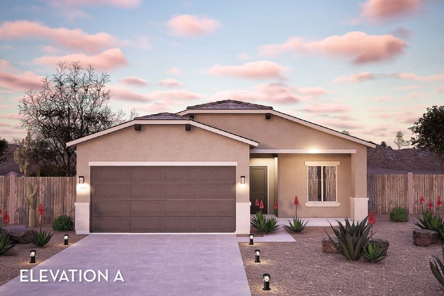 Front exterior of a new home in Hayden Estates, Buckeye, AZ, highlighting curb appeal (Image 1). Front exterior of a new home in Hayden Estates, Buckeye, AZ, highlighting curb appeal (Image 1).