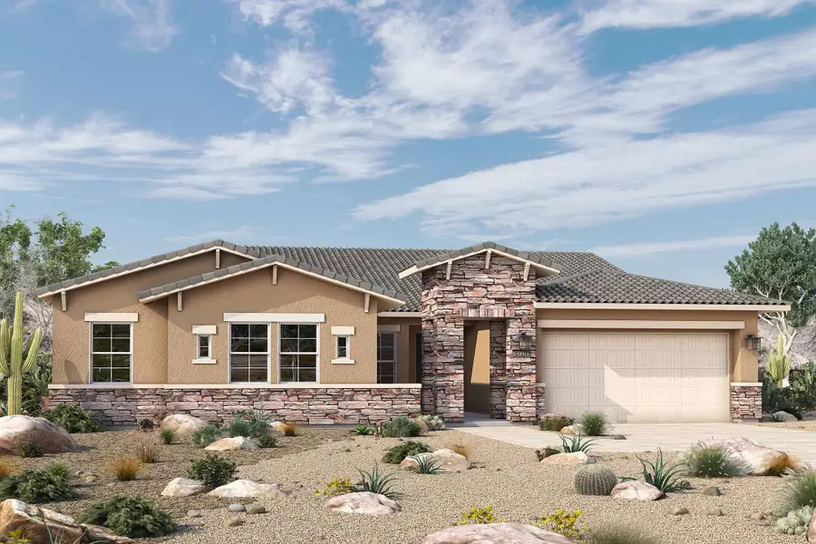 Front exterior of a new home in Canyon Views – 80’ Paradise Series, Litchfield Park, AZ, highlighting curb appeal (Image 2). Front exterior of a new home in Canyon Views – 80’ Paradise Series, Litchfield Park, AZ, highlighting curb appeal (Image 2).