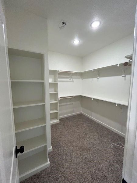 Walk in closet featuring dark carpet