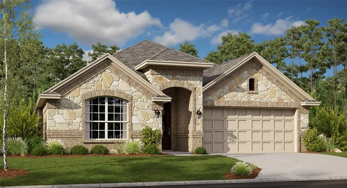 View of front of property with a garage and a front yard