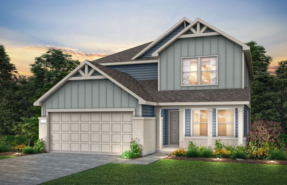 Front exterior of a new home in Horizon Ridge, San Antonio, TX, highlighting curb appeal (Image 1). Front exterior of a new home in Horizon Ridge, San Antonio, TX, highlighting curb appeal (Image 1).